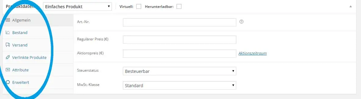 Produkt mit Woocommerce anlegen 18 WooCommerce-Reiter: Bestand, Versand und Maße pflegen