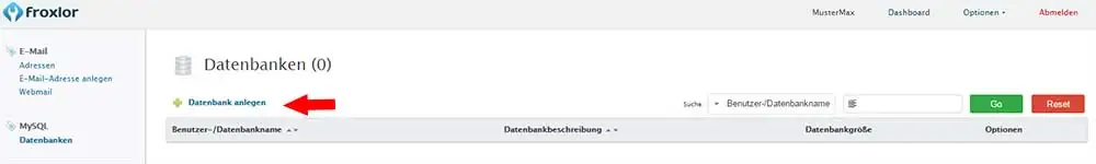 Froxlor Dashboard Übersicht 7 Froxlor Datenbank anlegen