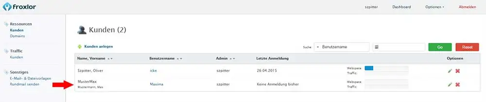 Froxlor Dashboard Reseller - Kunden anlegen 16 Bestätigung: Kunde erfolgreich in Froxlor angelegt