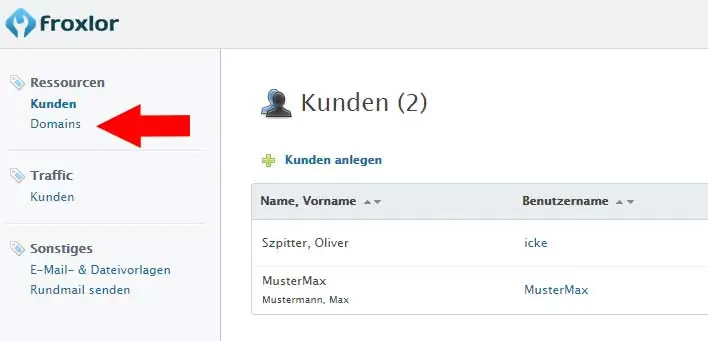 Froxlor Dashboard Reseller - Kunden anlegen 17 Menüpunkt Domains in Froxlor auswählen
