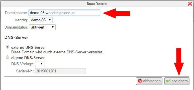 Domainname eingeben und speichern
