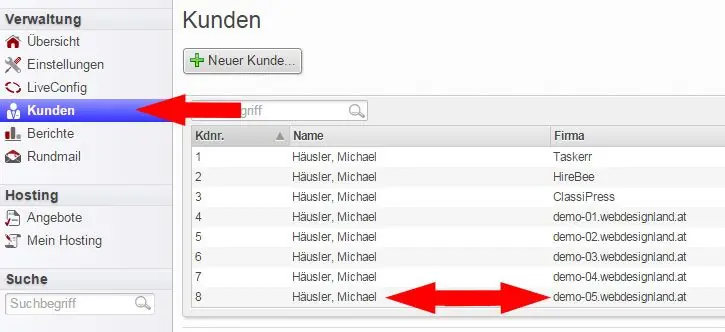 Kundenübersicht in LiveConfig