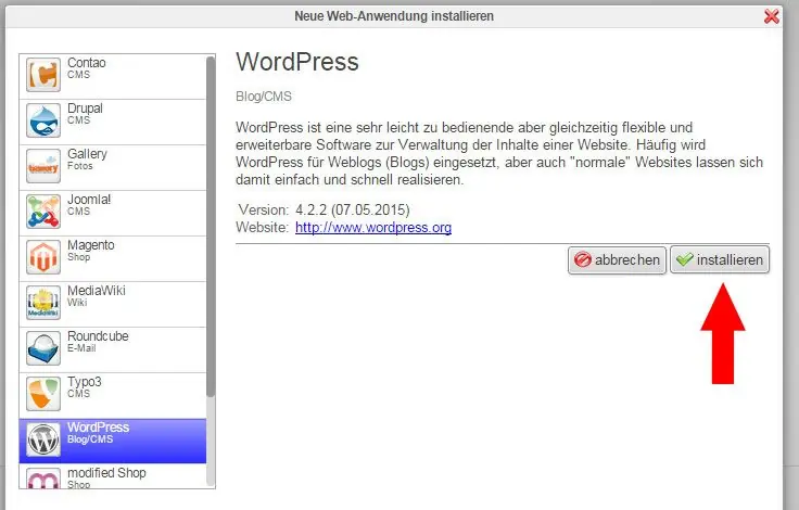 WordPress Installation in LiveConfig auswählen