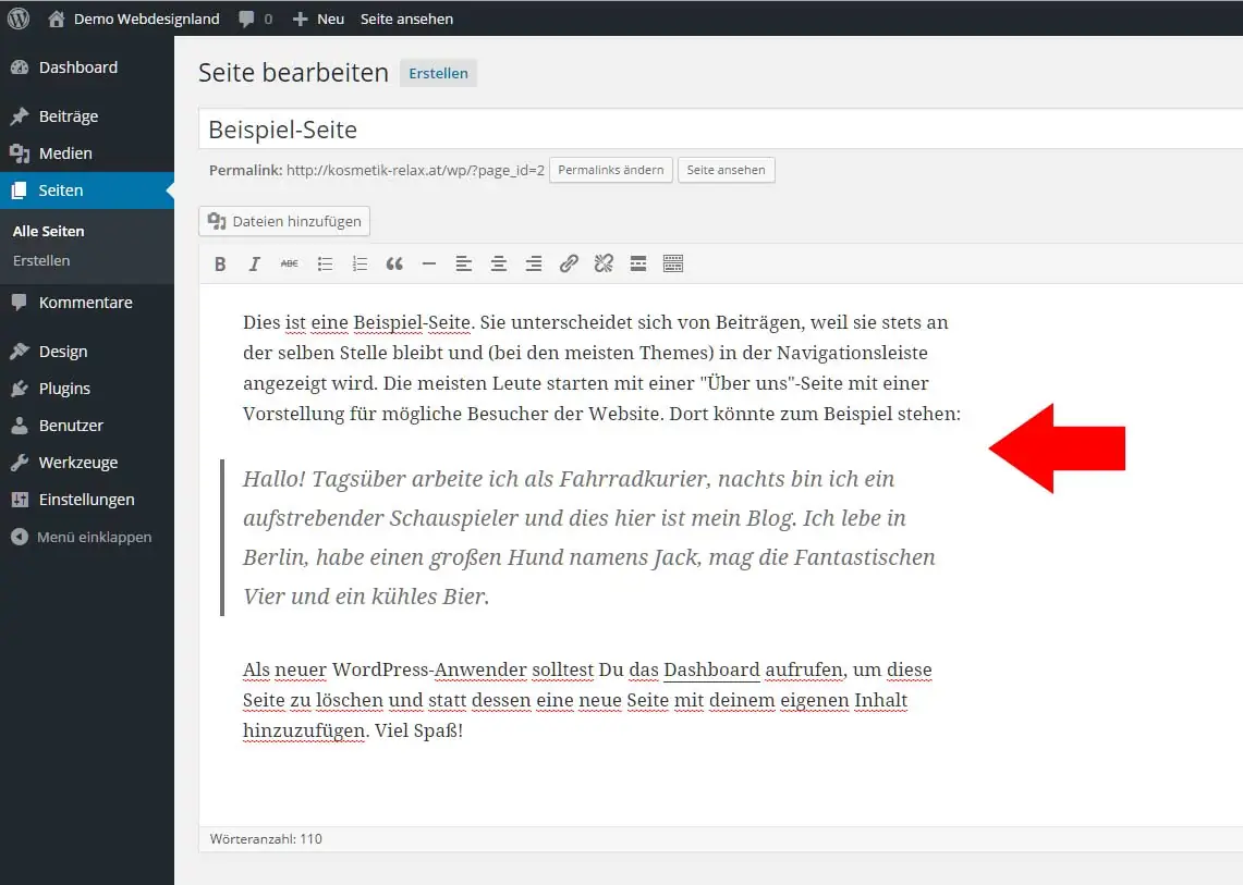 WordPress neue Seite erstellen 17 Text im WordPress-Editor eingeben