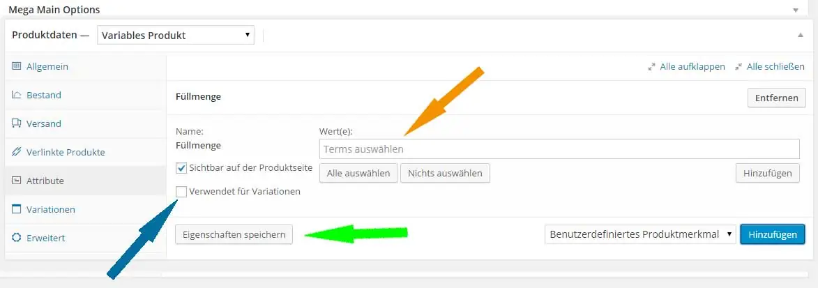 Produkt mit Woocommerce anlegen 23 Attribute für Variationen in WooCommerce aktivieren