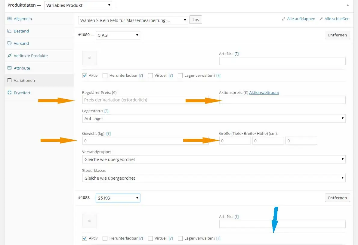 Produkt mit Woocommerce anlegen 25 Variationsdetails wie Preis, SKU, Gewicht und Bild pflegen