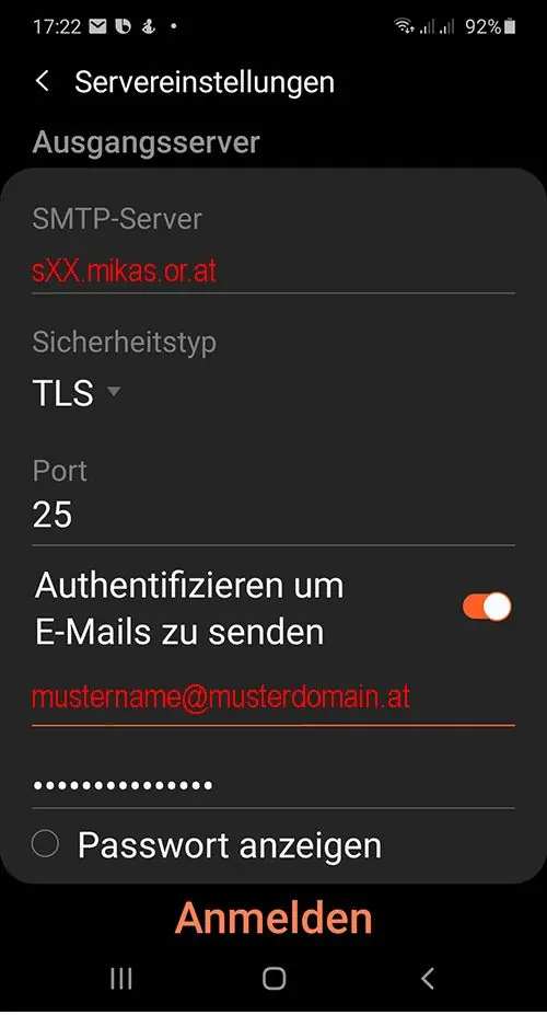 Android eMail einrichten 15 Ausgangsserver auf Android konfigurieren