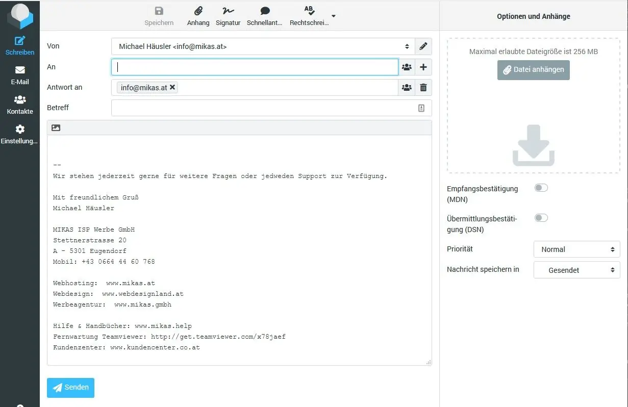 Roundcube E-Mail mit automatisch eingefügter Signatur