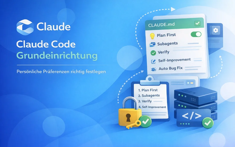 Claude Code Grundeinrichtung mit CLAUDE.md, Projektregeln, Schloss, Schlüssel und Entwickler-Einstellungen