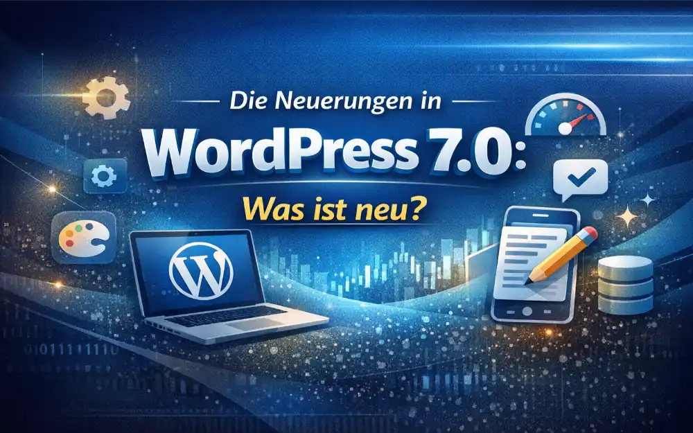 WordPress 7.0 Beitragsbild mit Symbolen für Editor, Performance, mobile Nutzung und neue Funktionen