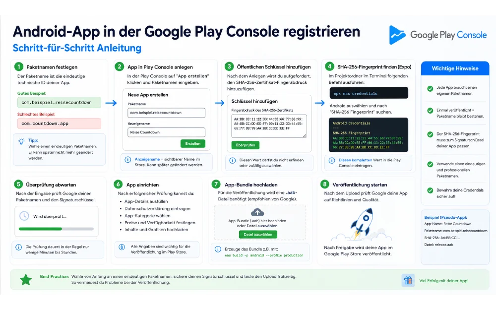 Android-App in der Google Play Console registrieren: Paketname, Anzeigename und SHA-256