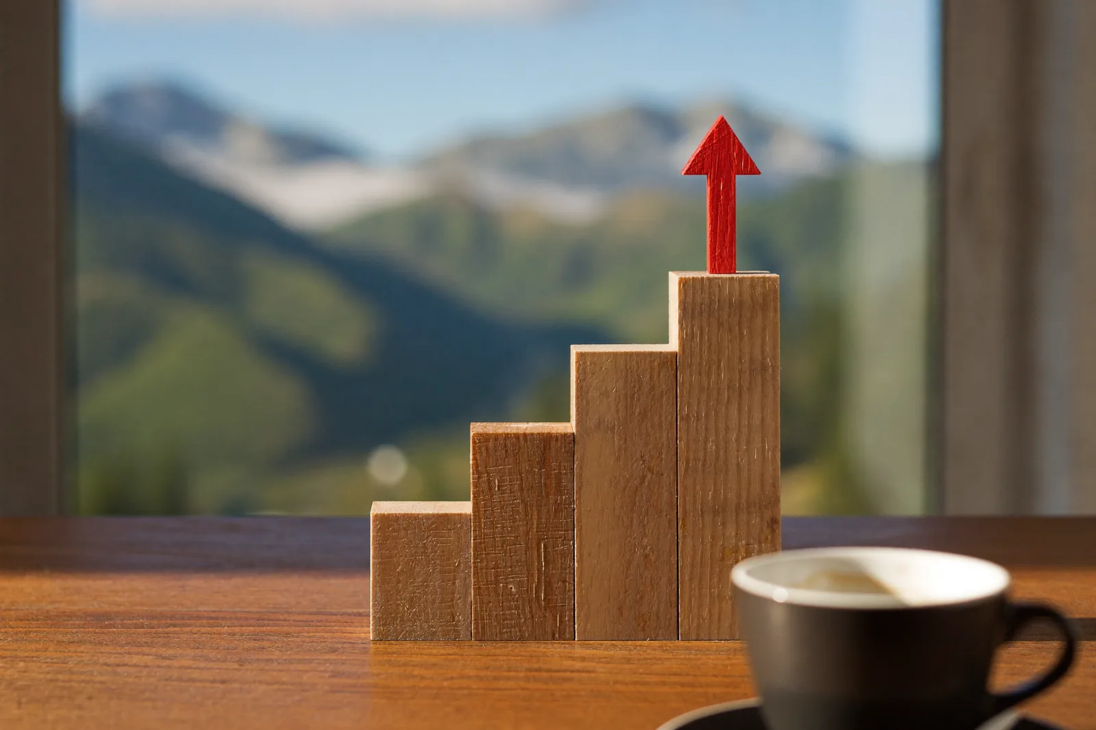 SEO Agentur Salzburg: Holzstufen mit rotem Pfeil nach oben als Symbol für steigende Rankings