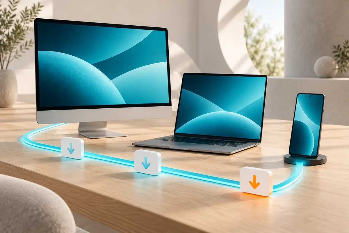 Fernwartung für Windows, Mac und Android Bildschirm, Laptop und Smartphone mit Download-Symbolen