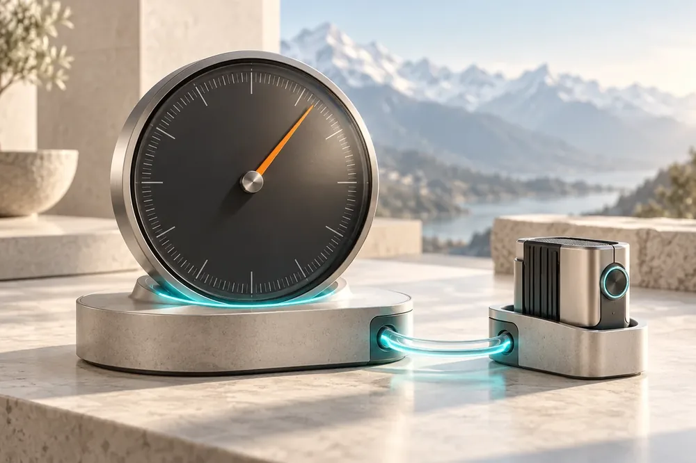 Minutengenaue Abrechnung Messuhr neben einem Servermodul als Sinnbild für minutengenaue Abrechnung