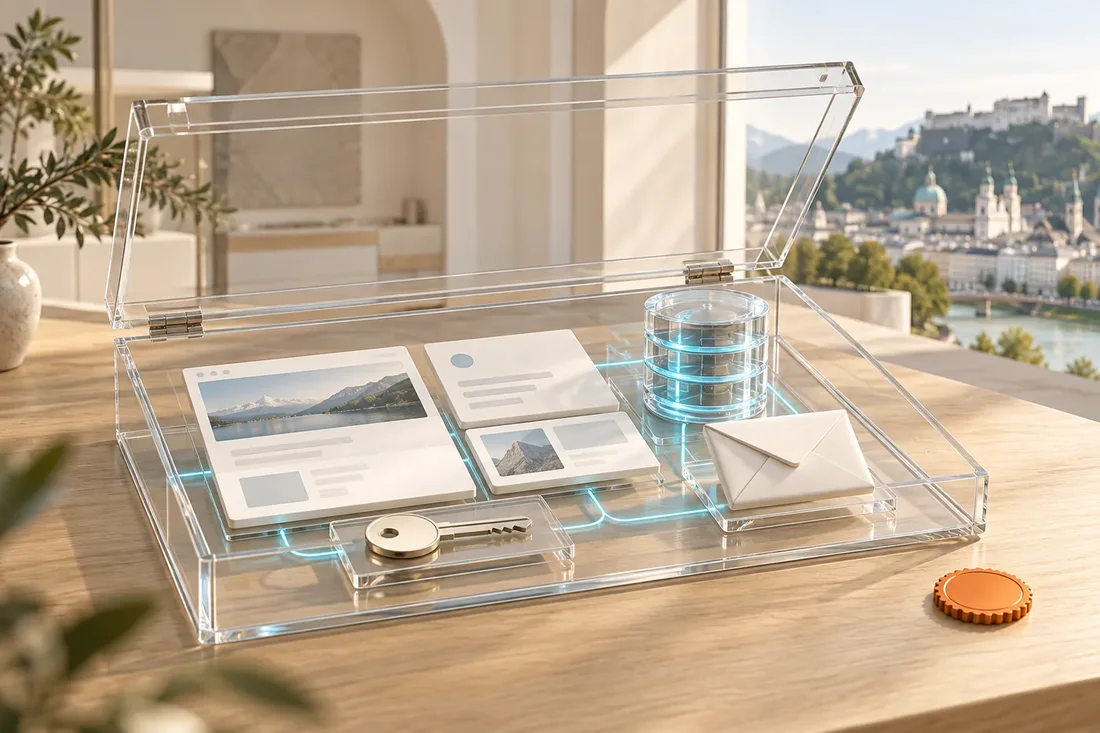 Deine Website bleibt dein Eigentum Offene Glasbox mit Website, Daten, E-Mail und Schlüssel